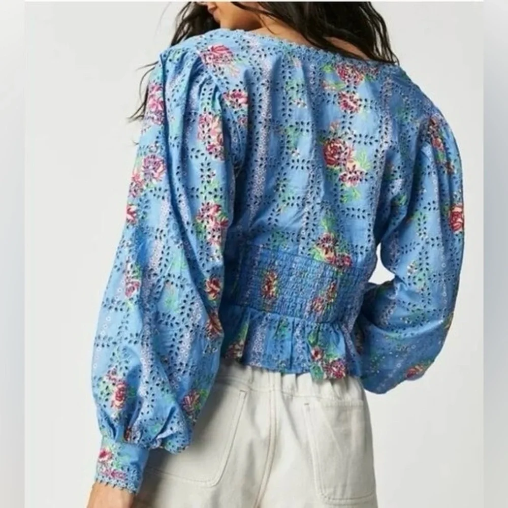 Free People Blue Floral Blossom Eyelet Top • NWT